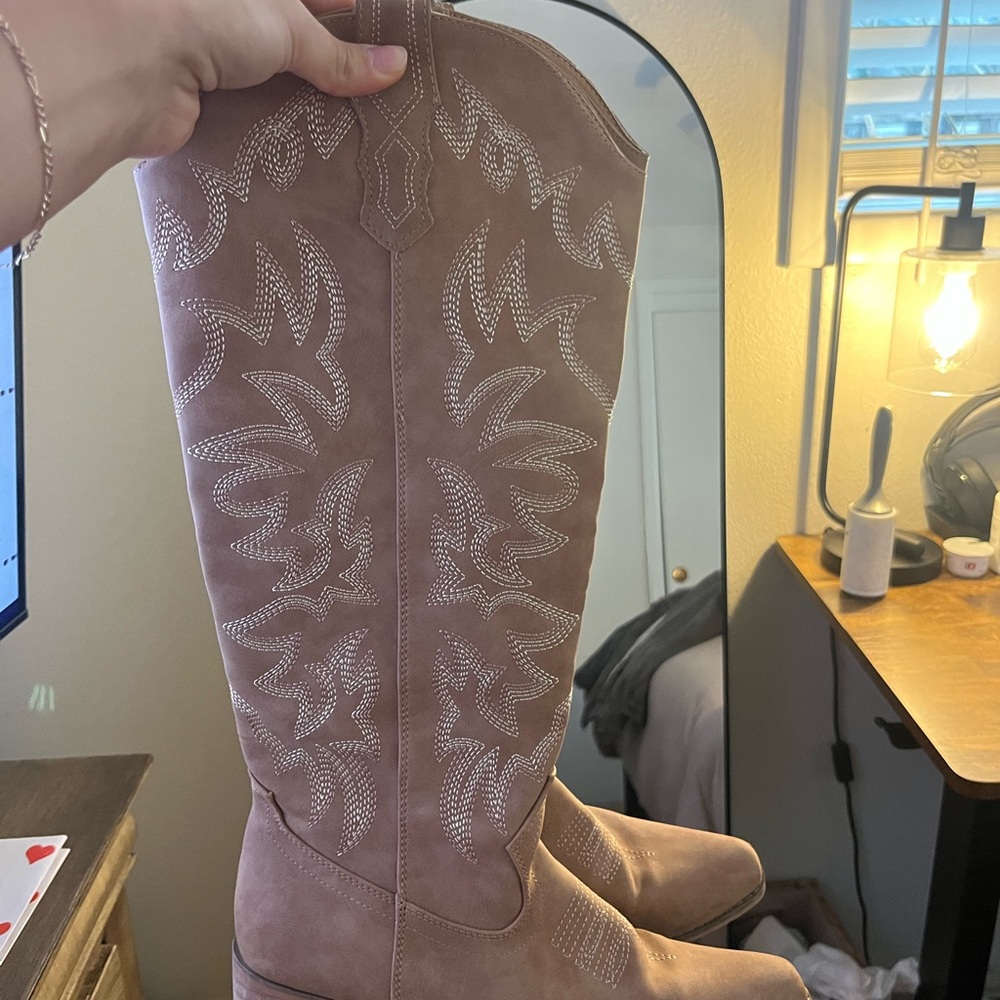 Tan Heeled Boots with Intricate Stitching